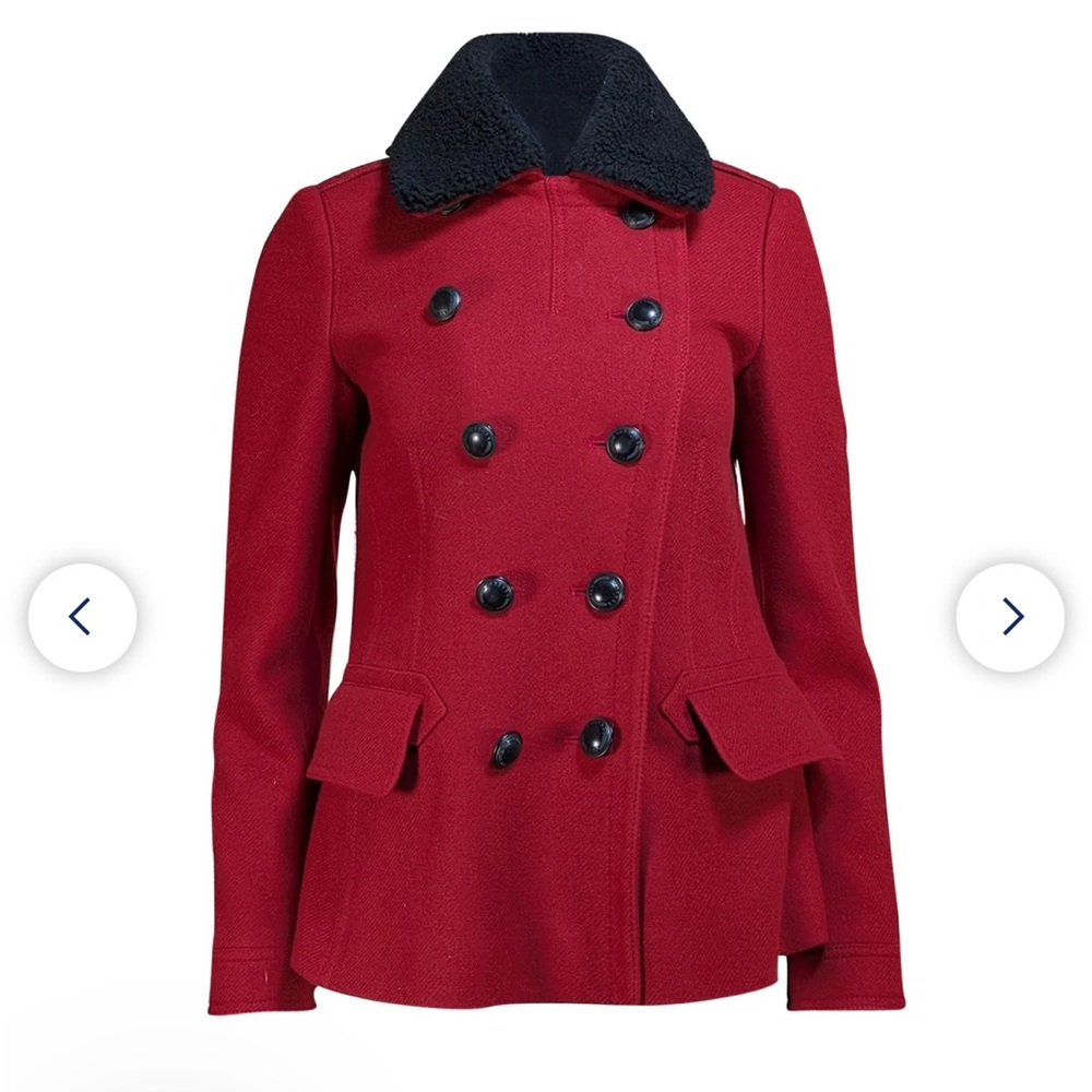 Burberry Red Peacoat with Black lamb shearling Collar